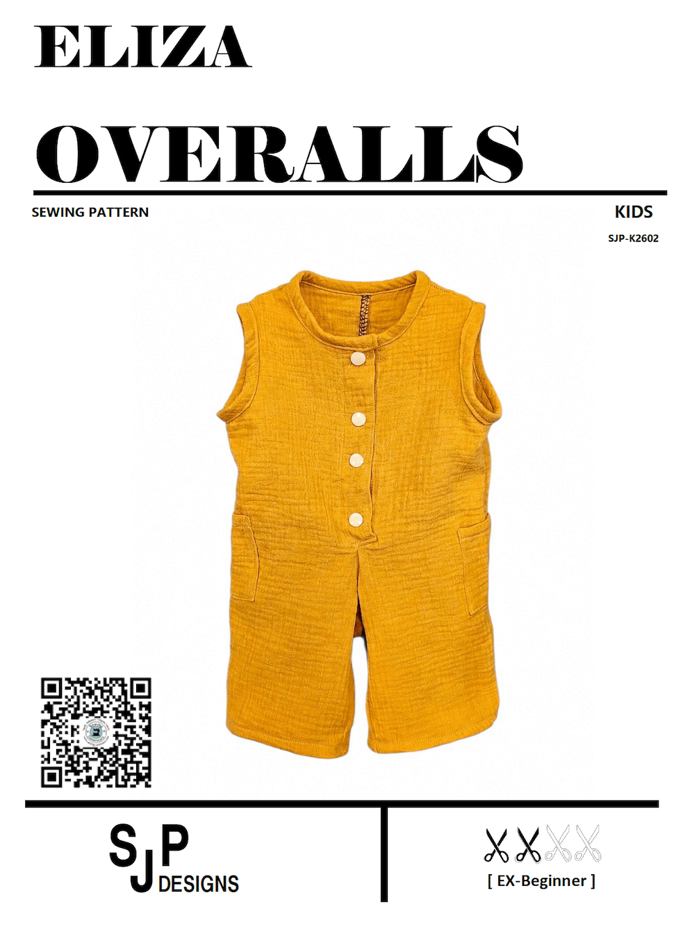 Kids Eliza Overalls. Pattern front page. Orange overalls. Level ex-beginner