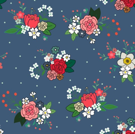 Garden Rose eco-laminated fabric in medium sapphire, featuring a pattern of red, pink, and cream roses with white and navy florals, green foliage, and coral berry sprigs on a deep blue background