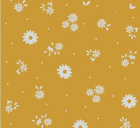 Dainty Daisy Mustard. White silhouettes of daisies on a mustard background