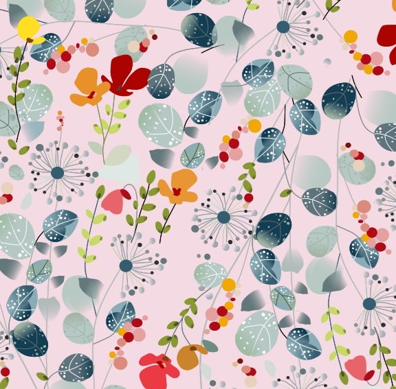 Succulent eco-laminated fabric in pale pink, featuring a botanical pattern with orange and red flowers, blue-toned leaves, dandelion seed heads, and scattered berries on a pale pink background