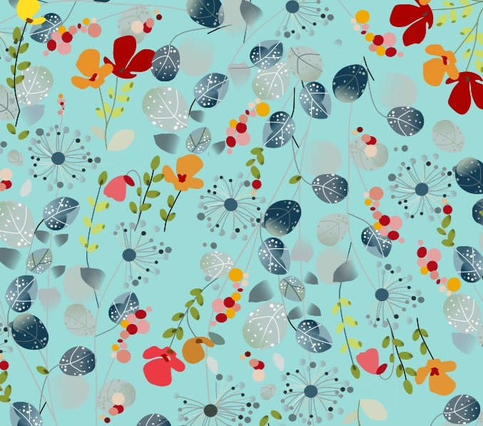Succulent eco-laminated fabric in pastel blue, featuring a botanical pattern with orange and red flowers, blue-toned leaves, dandelion seed heads, and scattered berries on a pastel blue background