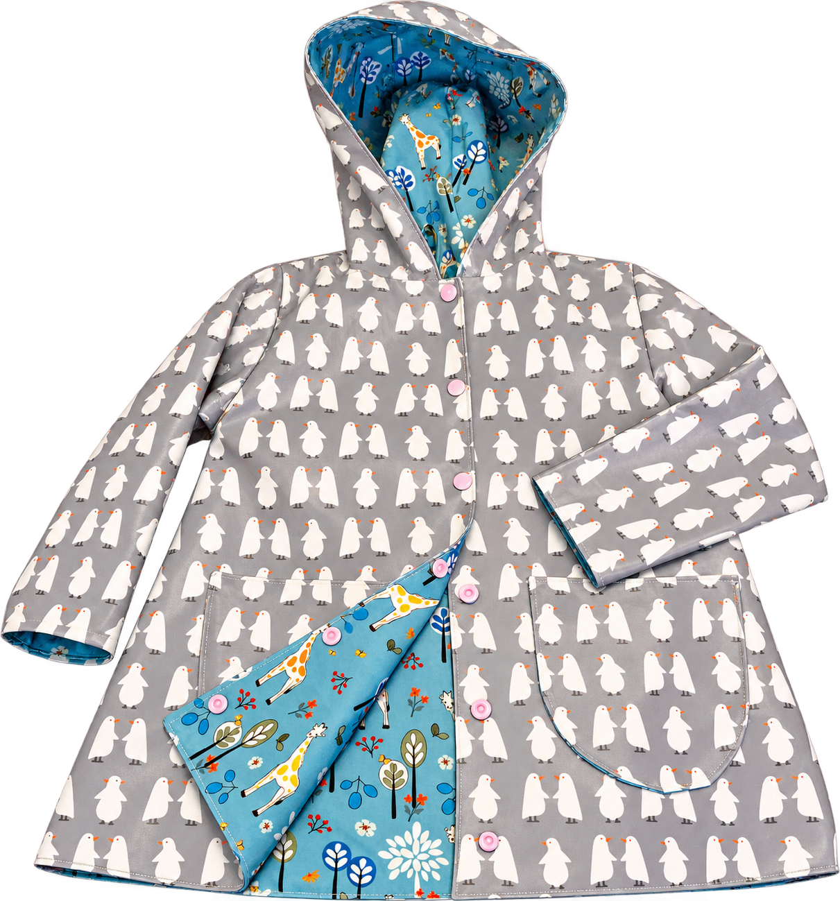 homemade kids raincoat. eco-laminated line-up penguin grey and cotton jersey tall land mint green