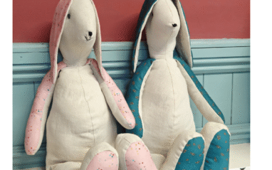 Lockie and Eliza Rabbit Pattern front page. picture of two soft toy rabbits and level (beginner)
