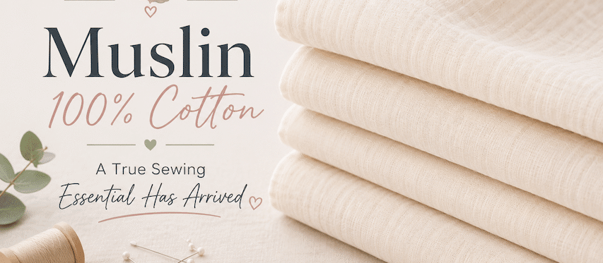 Text sys "Muslin 100% cotton - a true sewing essential has arrived. Picture pile of plain muslin fabric