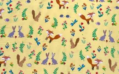 Corduroy Forest Friends Happy Time Together Yellow. Bright yellow background with ferns, flowers, foxes, rabbits, squirrels, hedgehogs and dragonflies.