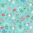 My Little Garden eco-laminated fabric in sea blue, featuring a scattered floral pattern with white, coral, red, and blue blooms, taupe flowers, and green foliage on a sea blue background