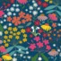 Stourhead Garden eco-laminated fabric in navy, featuring a dense wildflower meadow pattern with pink, yellow, red, orange, and white blooms including coneflowers, daisies, and snowdrops on a navy background