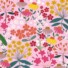 Stourhead Garden eco-laminated fabric in pink, featuring a dense wildflower meadow pattern with pink, yellow, red, orange, and white blooms including coneflowers, daisies, and snowdrops on a pink background