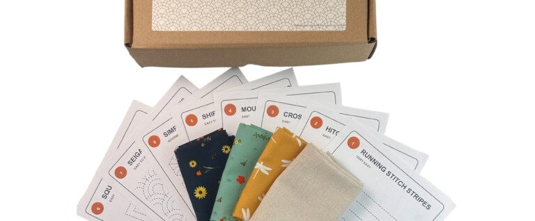 Mend & Make visible mending kit with eight Sashiko-inspired stitch patterns, four fabrics, threads, needle and marking pen