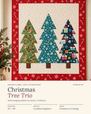 Christmas Tree Trio quilting pattern cover by Sarah J Patterson, featuring three patchwork Christmas trees on an ivory background with a red festive border.